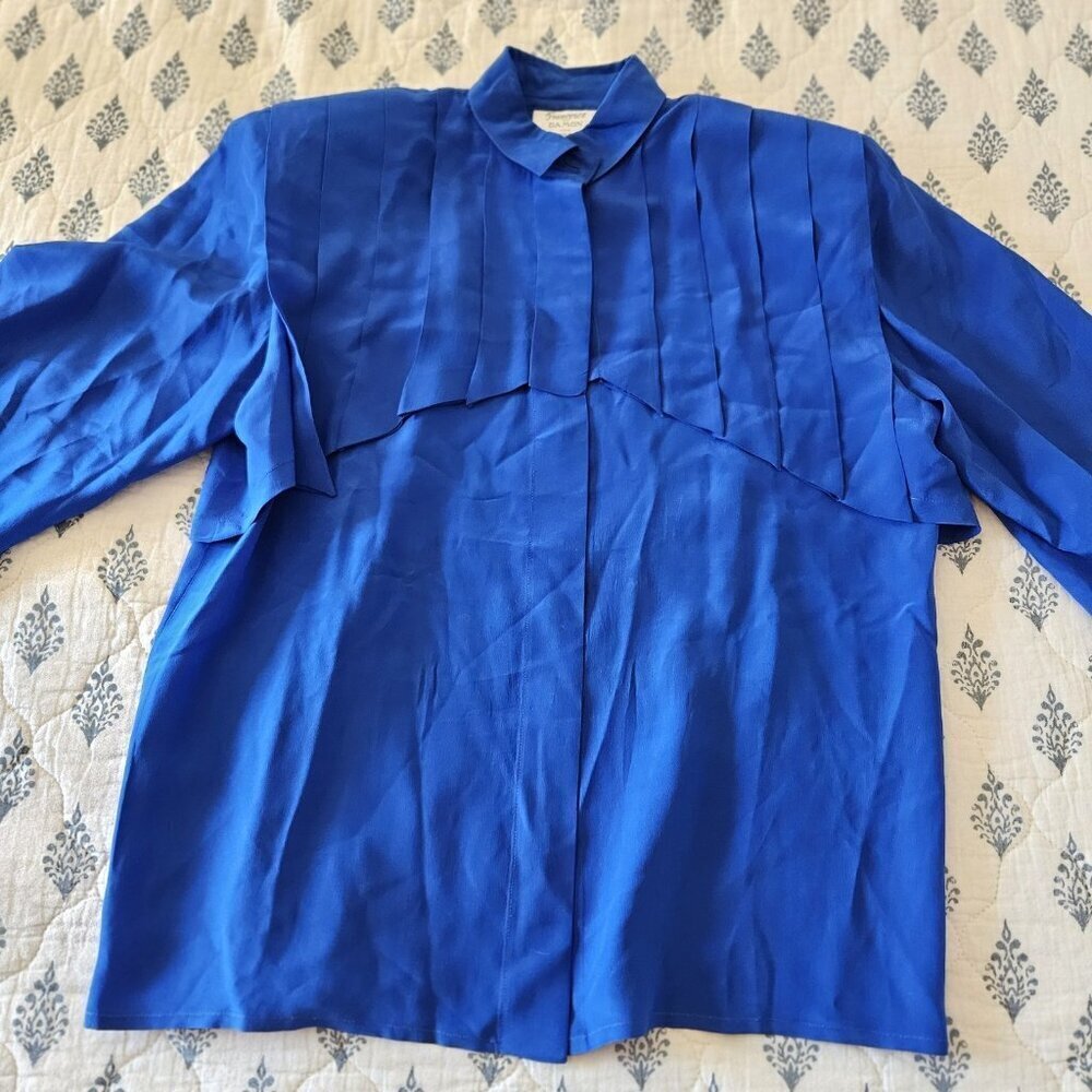 Francesca of Damon Royal Blue 100% SILK Pleated Blouse Vintage 80s 6 - Picture 12 of 16